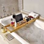 Expandable bamboo bath caddy for bath organization